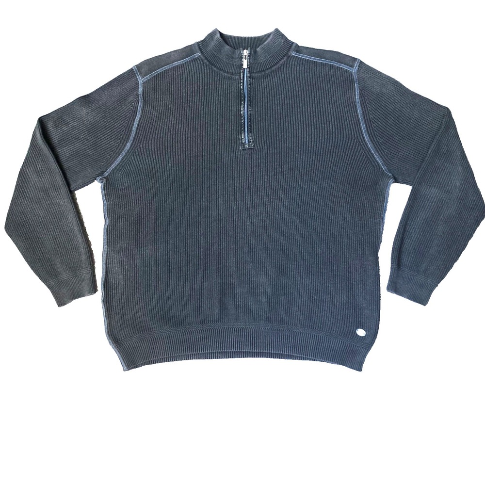 Tommy Bahama Quarter Zip Sweater Mens XL Mock Neck Exposed Seam Chunky Knit Blue
